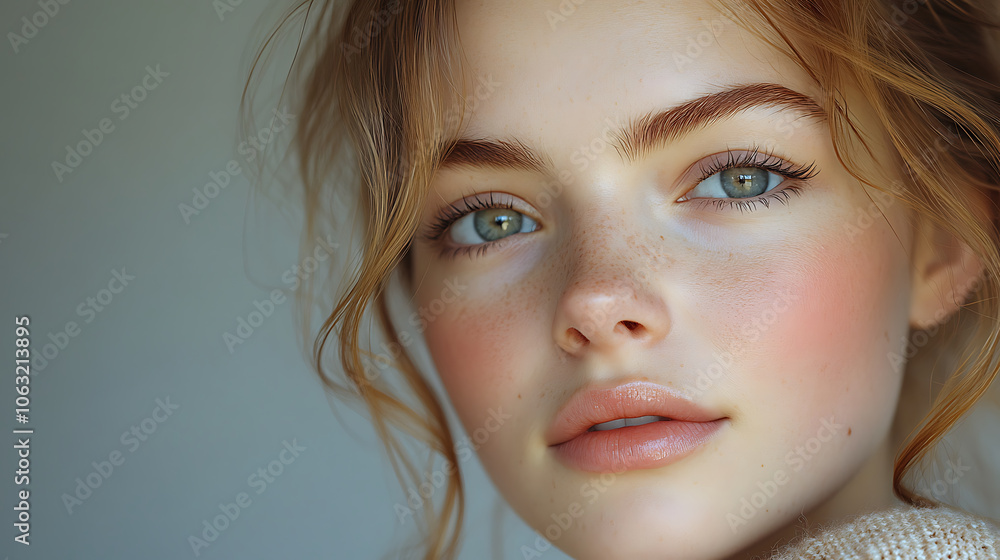 young woman with clear skin and natural makeup, showcasing her beauty and confidence. Her expressive eyes and soft features create captivating portrait young woman with clear skin and natural makeup, showcasing her beauty and confidence. Her expressive eyes and soft features create captivating portrait