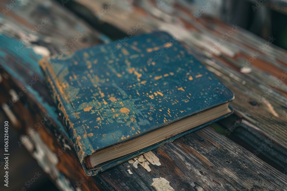 Old blue book with gold lettering is resting on a weathered wood surface, suggesting age, knowledge, and history Old blue book with gold lettering is resting on a weathered wood surface, suggesting age, knowledge, and history