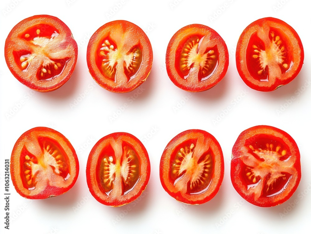 Sliced tomato showing the juicy flesh and seed pockets, arranged neatly on a surface Isolated on white background Sliced tomato showing the juicy flesh and seed pockets, arranged neatly on a surface Isolated on white background