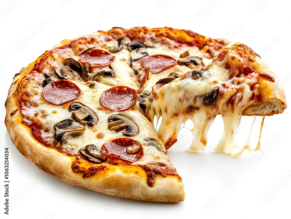 Slice of pizza with melted cheese, pepperoni, and mushrooms, pulled from a whole pie Isolated on white background Slice of pizza with melted cheese, pepperoni, and mushrooms, pulled from a whole pie Isolated on white background