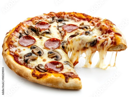 Slice of pizza with melted cheese, pepperoni, and mushrooms, pulled from a whole pie Isolated on white background photo