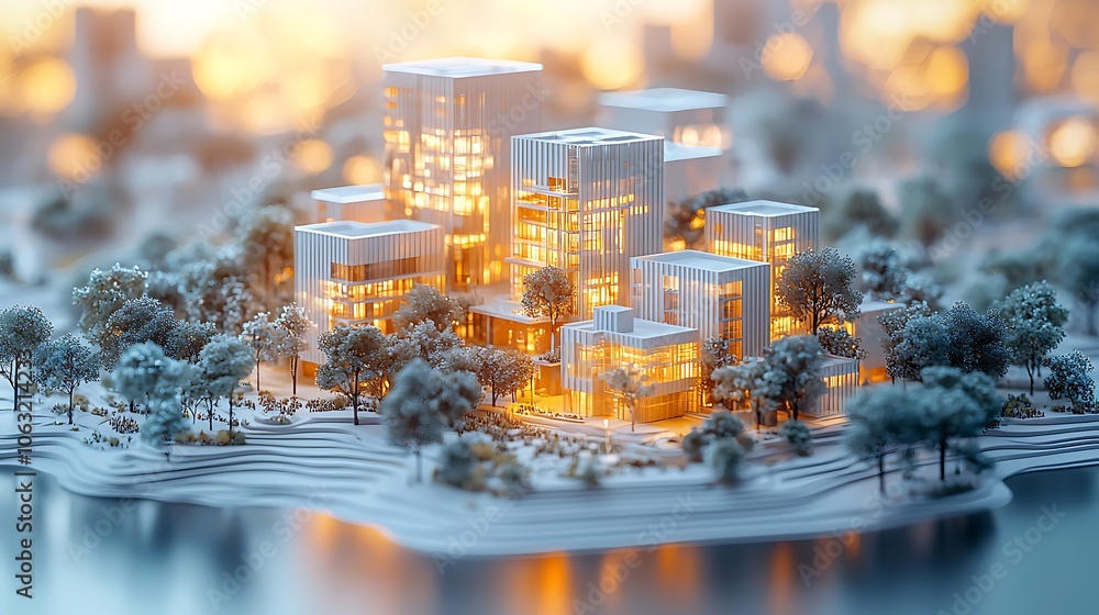 Modern Cityscape with Illuminated Buildings and Trees Modern Cityscape with Illuminated Buildings and Trees