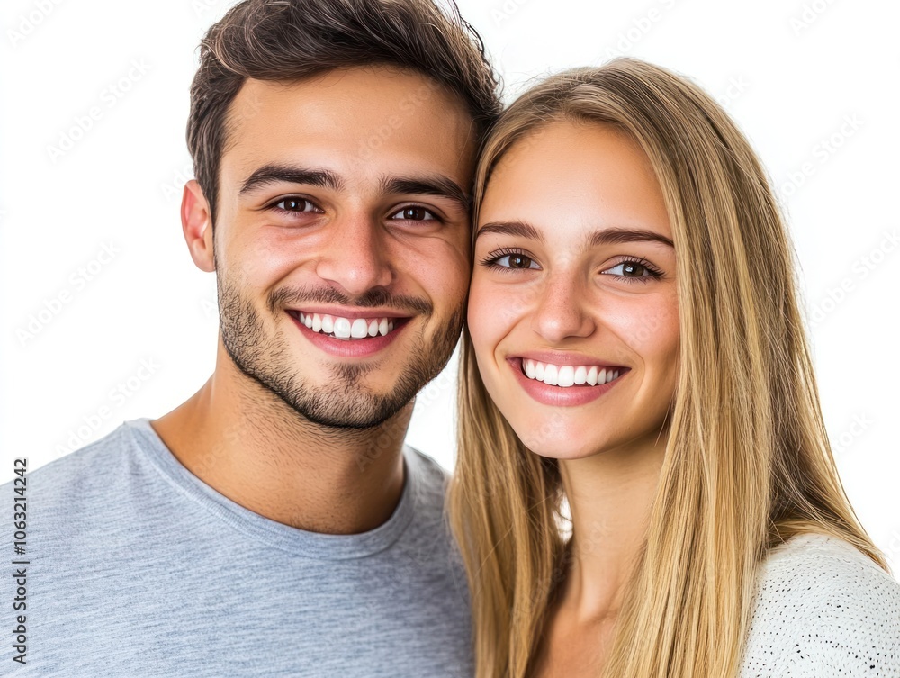 Smiling young couple standing close together, showing healthy white teeth and looking directly at the camera Isolated on white background Smiling young couple standing close together, showing healthy white teeth and looking directly at the camera Isolated on white background