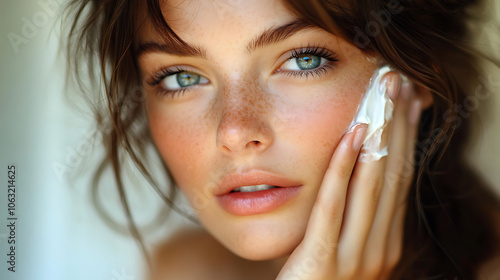 young woman with clear skin and freckles applies cream to her face, showcasing natural beauty. Her bright blue eyes and soft expression convey sense of calm and care