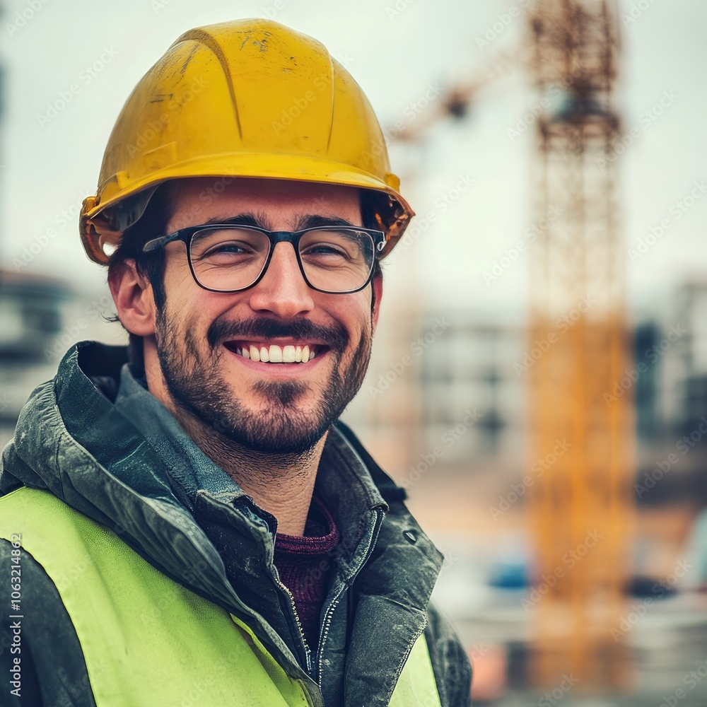 Solo engineer smiling with background of cranes at a construction site Solo engineer smiling with background of cranes at a construction site