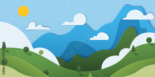 Paper cut landscape. Green mountain scene with farms. Spring sky clouds. Wild nature panorama. Forest trees. Hills and rock peaks. Countryside scenery. Vector layer origami background
