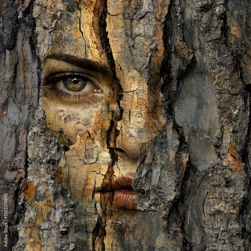 A surreal blend of human and nature. This image depicts a face emerging from a tree bark, showcasing a captivating harmony between humanity and wildlife. 