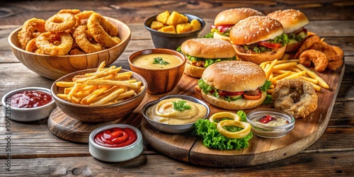 Wallpaper Mural Appetizing Food Spread Burgers, Onion Rings, Fries, and Dips on Rustic Wooden Table, Burger, Fries, Onion Rings Torontodigital.ca