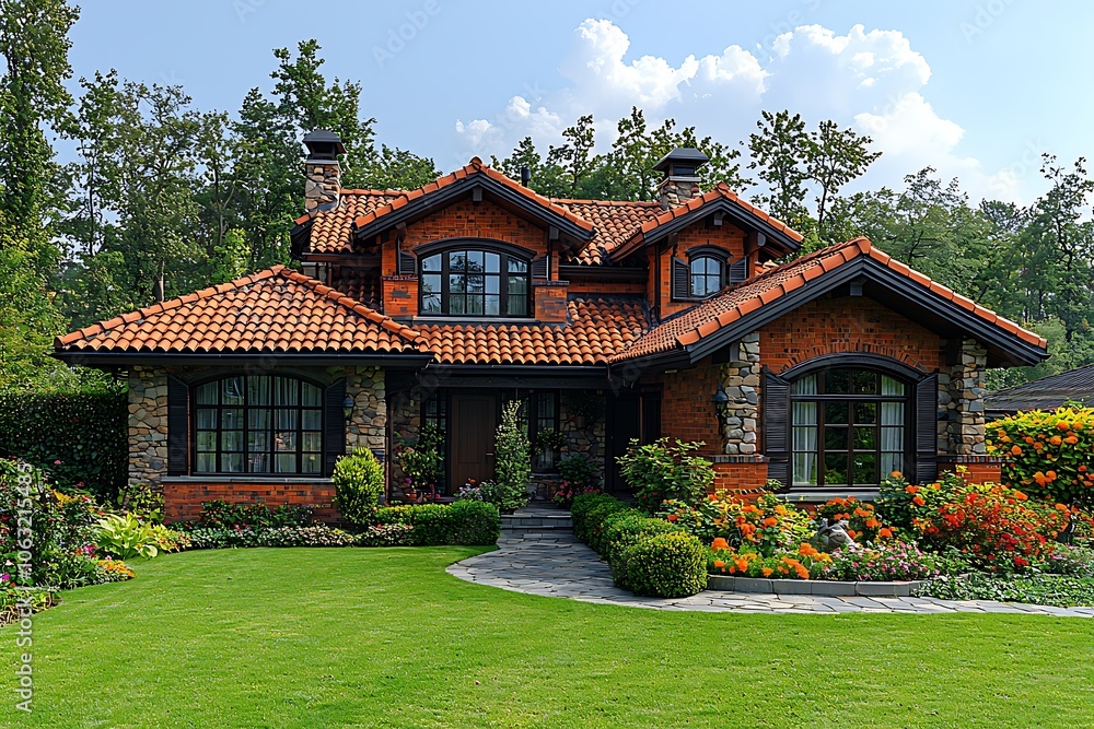 Brick House with Stone Accents and Lush Landscaping Brick House with Stone Accents and Lush Landscaping