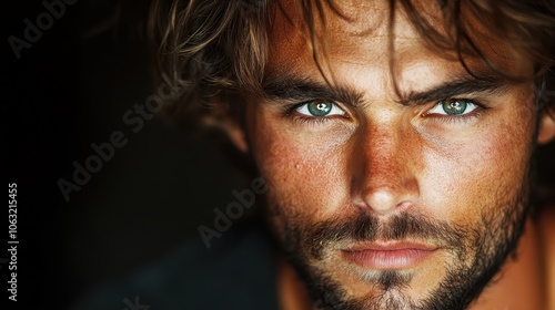 A close-up portrait of a rugged, bearded man with striking green eyes, expressing intensity and focus, with dark, moody lighting to enhance features.