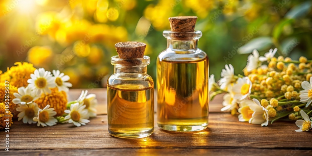 Chamomile Essential Oil in Glass Bottles on Wooden Table, Natural Healing, Aromatic Therapy, Home Remedies, Chamomile Oil, Essential Oil, Natural Remedies Chamomile Essential Oil in Glass Bottles on Wooden Table, Natural Healing, Aromatic Therapy, Home Remedies, Chamomile Oil, Essential Oil, Natural Remedies