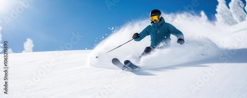 A skier elegantly carves through fresh, powdery snow under a bright blue sky, showcasing the excitement of winter sports.