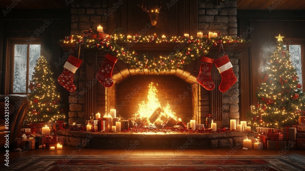 Obraz premium Christmas-themed fireplace scene with stockings, garlands, candles, and a roaring fire, in a cozy living room. 4K hyperrealistic photo.