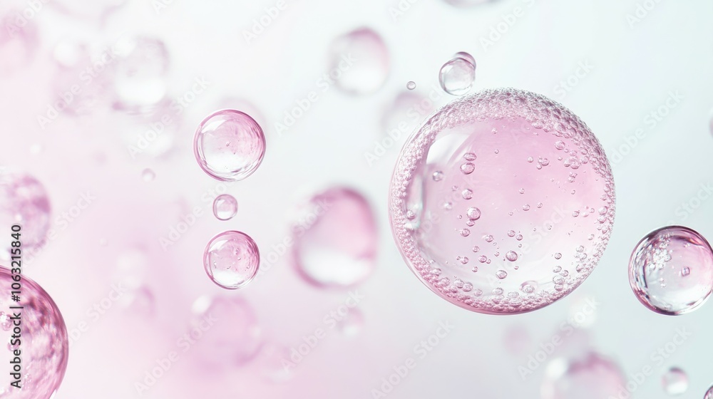 Air cell bubbles for cosmetics product on white background. Cellular serum oil drops in water Air cell bubbles for cosmetics product on white background. Cellular serum oil drops in water