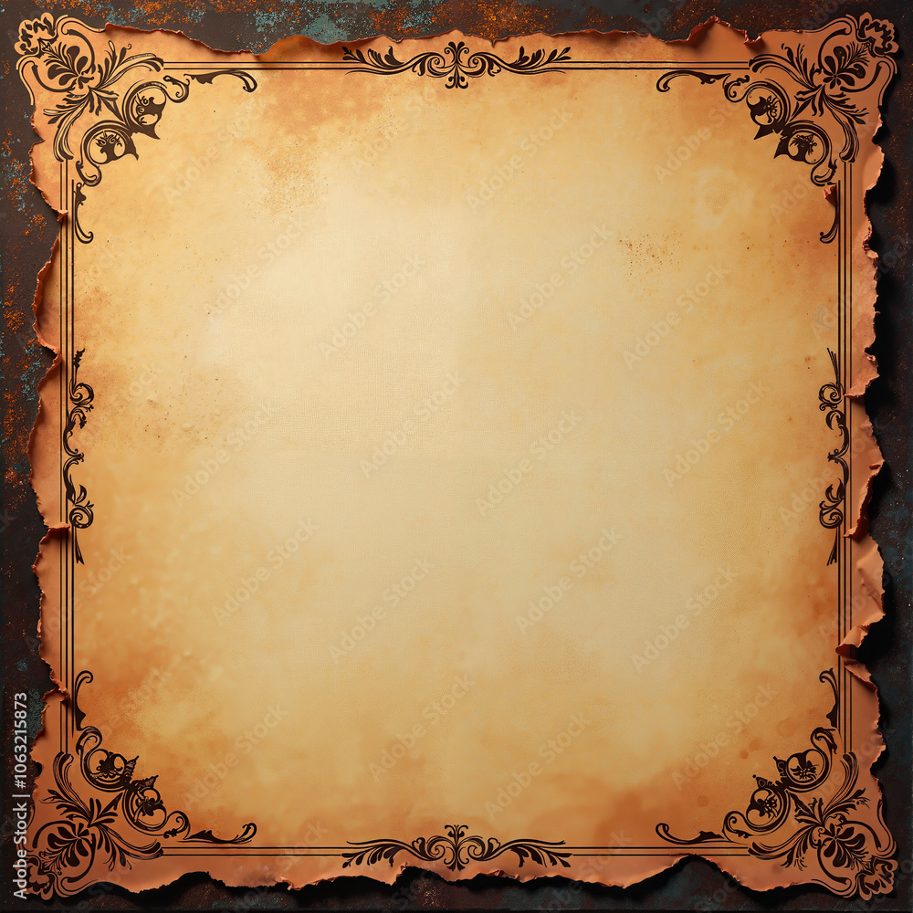 Fototapeta premium Weathered victorian paper style parchment with ornate floral border and burnt edges