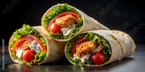 Close-up of Three Delicious Chicken Wraps with Lettuce, Tomato, and Creamy Dressing, food photography, wraps, chicken wraps