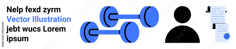 Dumbbells, user icon, and documents represent fitness and document management. Ideal for fitness apps, health blogs, user profiles, productivity tools, educational content, business websites, social