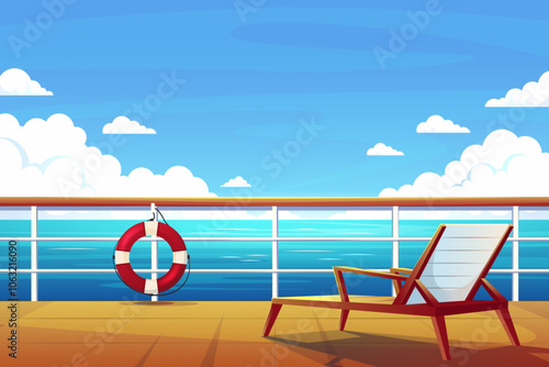 Cruise ship. Boat deck. Empty lounger on wooden floor. Marine landscape. Yacht rail. Summer trip scene. Ocean sailing port. Harbor seascape. Blue sky and sea. Vector cartoon background