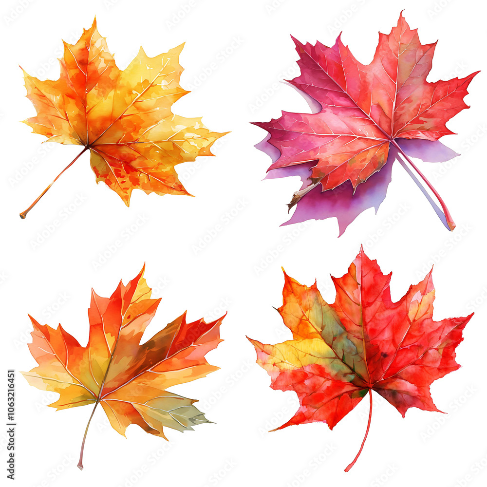 Fototapeta premium Watercolor painting set Colorful maple leaves in autumn 