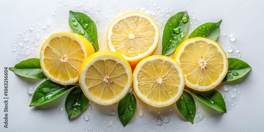 Fresh Lemon Slices with Green Leaves and Water Drops, White Background, Citrus, Fruit, Refreshing, Lemon, Fruit Fresh Lemon Slices with Green Leaves and Water Drops, White Background, Citrus, Fruit, Refreshing, Lemon, Fruit