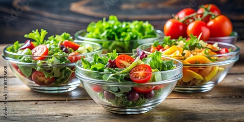 Fresh Salad in Glass Bowls with Cherry Tomatoes on Wooden Table, Food, Vegetables, Healthy Eating