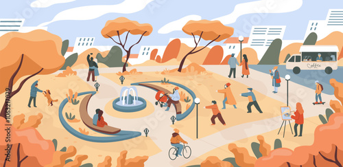 Autumn park. People characters walk in nature. Autumnal tree leaves. Man playing with dog. Female riding bicycle. Kid on skateboard. Fun outdoor leisure. Vector cartoon city landscape