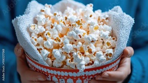 A close-up of a person holding a colorful bowl filled with fluffy, white popcorn, covered with a cloth, perfect for a movie night or snack time. photo