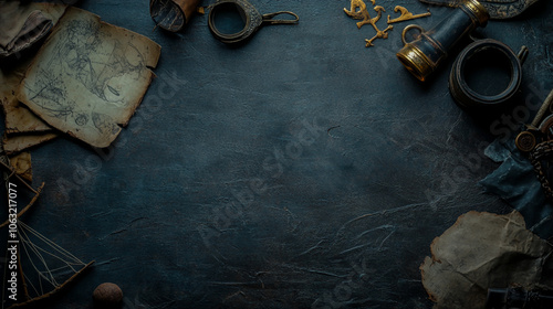 Flat lay of pirate-themed items on a textured, aged background with a grunge aesthetic