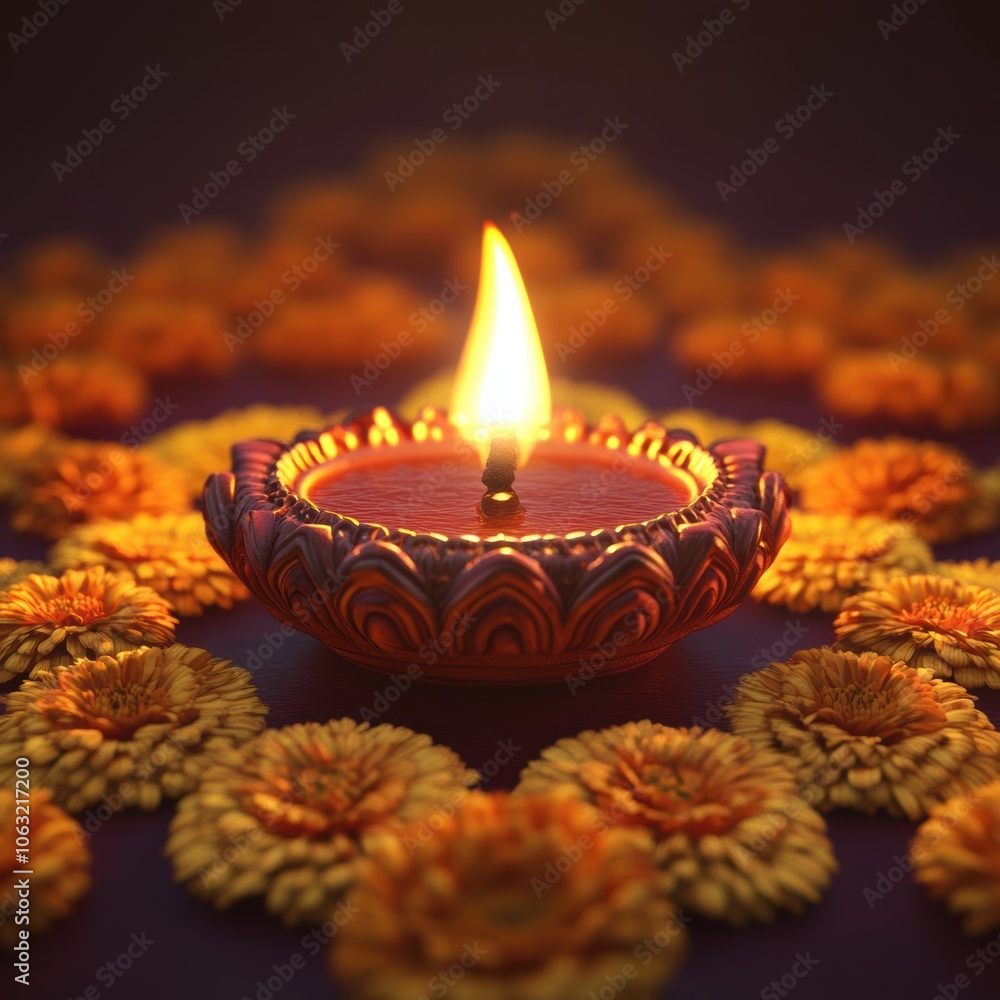 Happy Diwali Celebration with Illuminated Oil Lamp (Diya) Surrounded by Flowers, Closeup Photo.