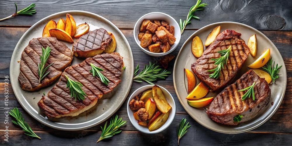 Grilled Steak with Rosemary and Apple Slices, Steak Recipe, Grilled Food, Rosemary Grilled Steak with Rosemary and Apple Slices, Steak Recipe, Grilled Food, Rosemary