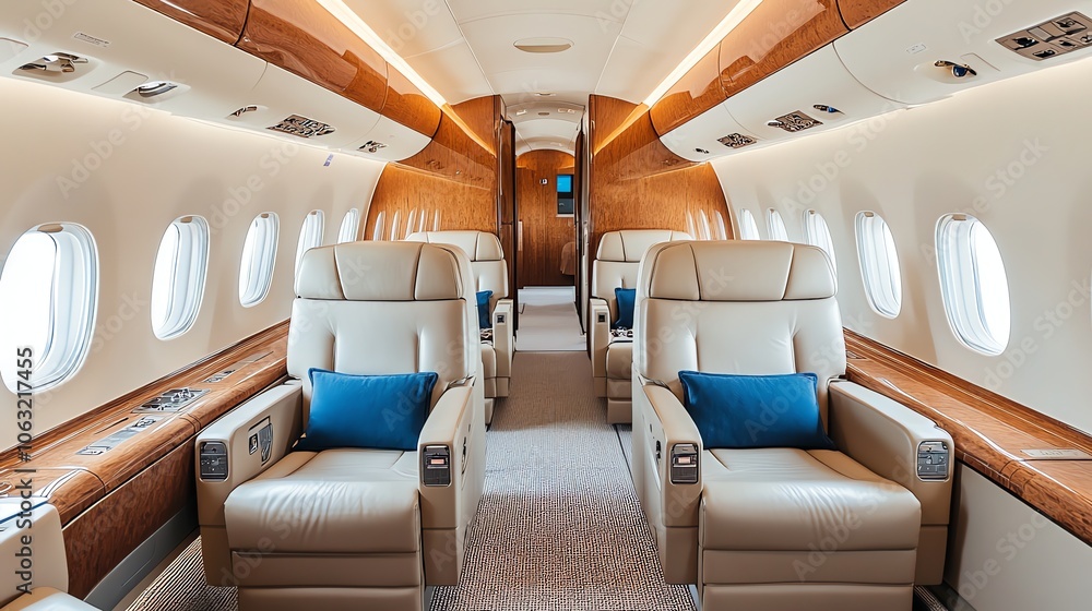 Naklejka premium Empty rows of white leather airplane seats with overhead compartments.