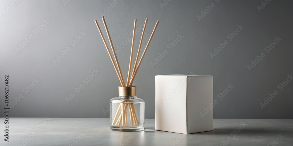 Minimalist Diffuser and Box Mockup on Gray Background, diffuser, mockup, home fragrance Minimalist Diffuser and Box Mockup on Gray Background, diffuser, mockup, home fragrance