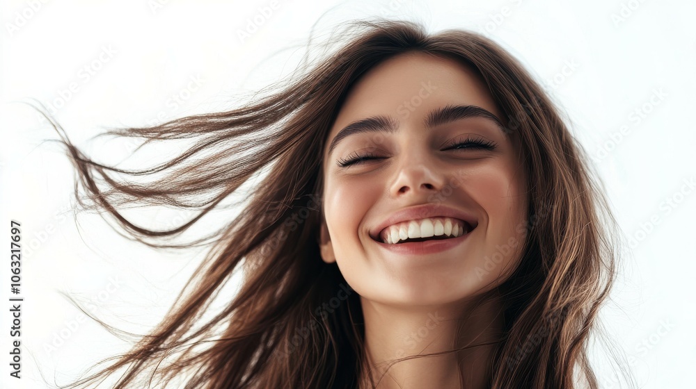 Beautiful smiling woman with long hair flying in the wind on white background. Beautiful smiling woman with long hair flying in the wind on white background.