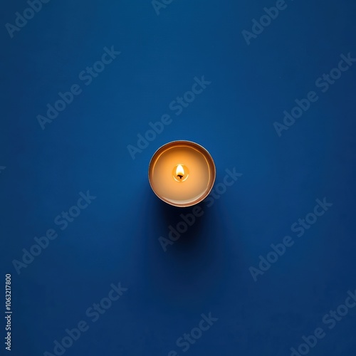 Happy Diwali Celebration with Illuminated Oil Lamp (Diya) on Blue Surface Photo. photo