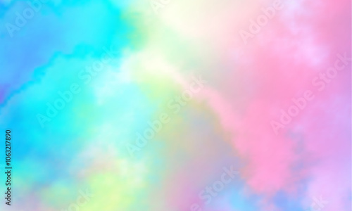 Colorful watercolor background of abstract sunset sky with puffy clouds in pastel rainbow colors of pink blue yellow orange and