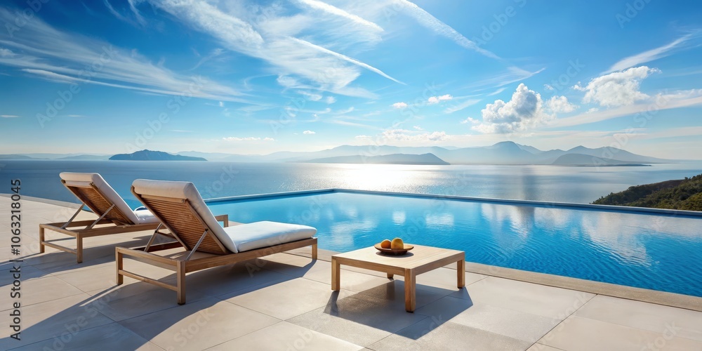 Fototapeta premium Relaxing Poolside View with Mountain Landscape, Pool, Loungers, and Table, luxury ,vacation ,getaway