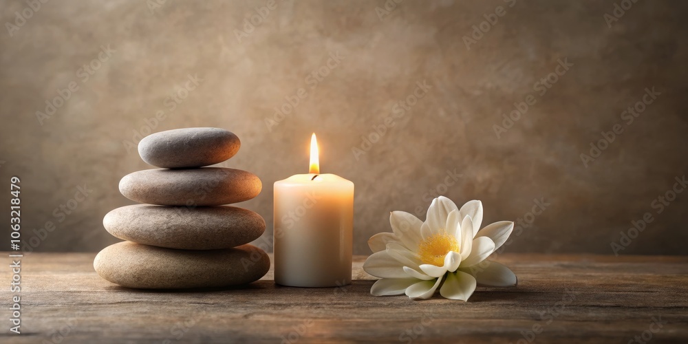 Stacked Stones, Burning Candle, and White Flower, Wellness, Spa, Tranquility Stacked Stones, Burning Candle, and White Flower, Wellness, Spa, Tranquility