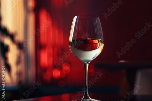 Glass of white wine is standing on a table with a red interior design in the background