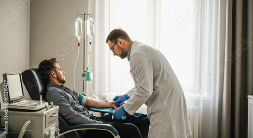 Professional medical care: doctor administering iv therapy in hospital setting