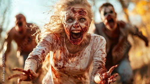 A horrifying female zombie screams and lunges in midday light, covered in blood, part of a larger mob, merging horror elements with stark realism for dramatic impact.