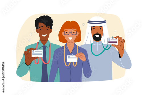 International corporate delegation displays badges hanging on chests during business conference. Multiracial delegation arrived for negotiations to conclude contract and agreements with partners