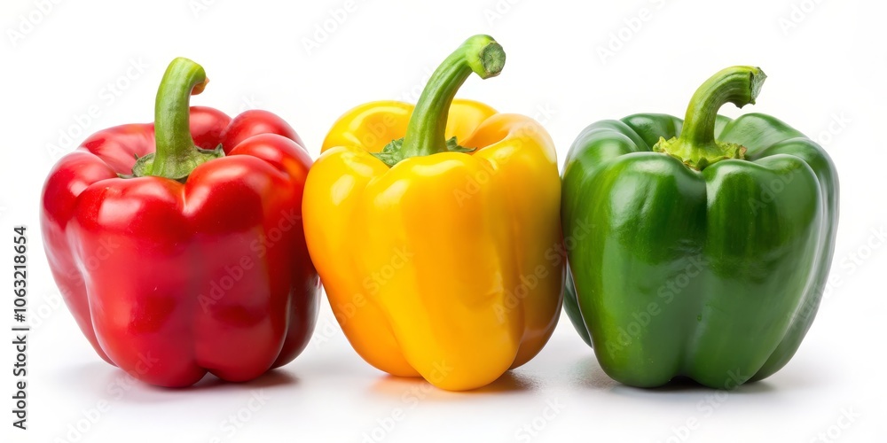 Three Bell Peppers, Red Yellow Green, Isolated on White, Bell Peppers, Vegetables, Colors Three Bell Peppers, Red Yellow Green, Isolated on White, Bell Peppers, Vegetables, Colors