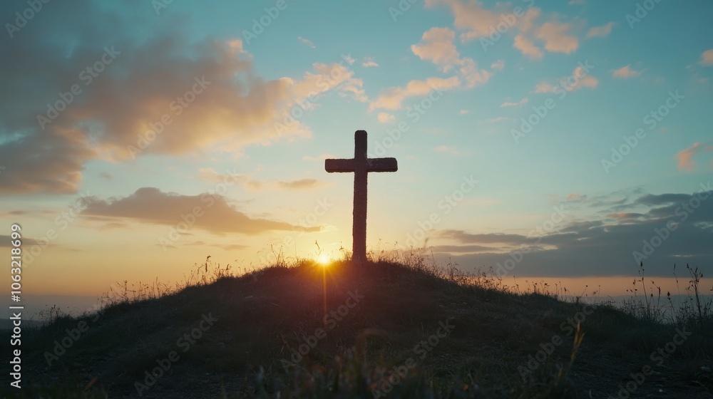 At dawn, a Christian cross is seen on a hill outside. risen state of Jesus. At dawn, a Christian cross is seen on a hill outside. risen state of Jesus.