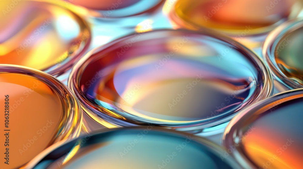 Glass disc shapes with colorful reflections composition. Glass disc shapes with colorful reflections composition.