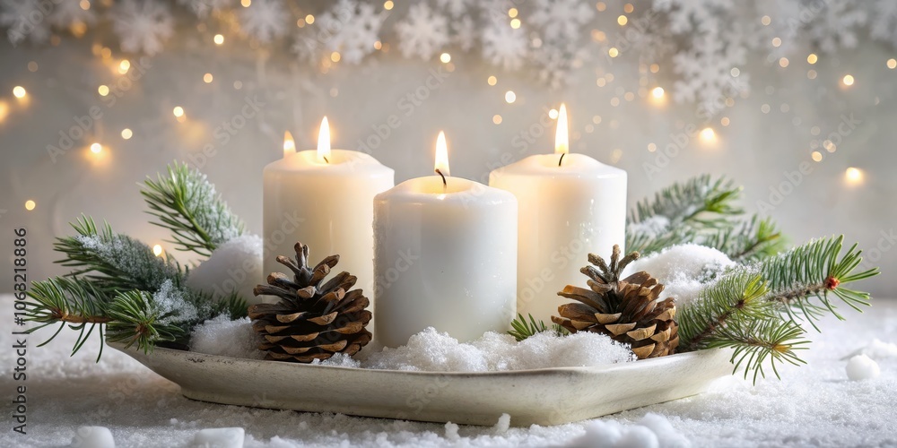 Three White Candles in a Snowy Arrangement, Pine Branches, and Pinecones, Winter Decor, Christmas, Holiday, Celebration Three White Candles in a Snowy Arrangement, Pine Branches, and Pinecones, Winter Decor, Christmas, Holiday, Celebration