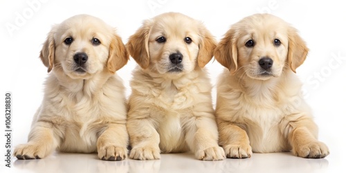 Three Golden Retriever Puppies, Close Up Portrait, White Background, Dogs, Puppies, Golden Retriever