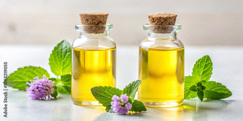 Two Bottles of Mint Essential Oil with Flowers, white background, glass bottles, cork tops, mint leaves, purple flowers, essential oil Two Bottles of Mint Essential Oil with Flowers, white background, glass bottles, cork tops, mint leaves, purple flowers, essential oil