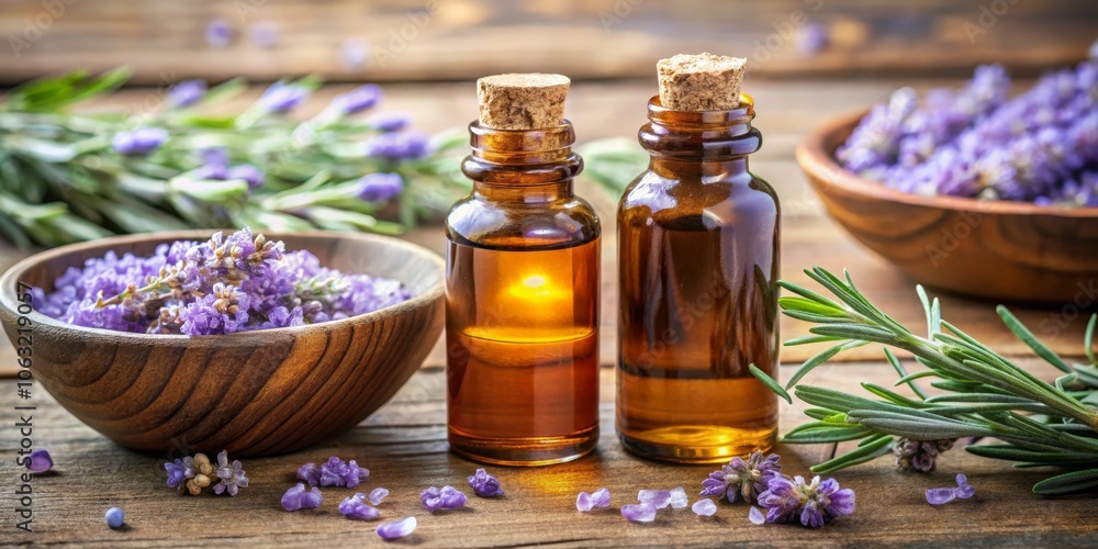 Two Bottles of Lavender Essential Oil on Wooden Table, with Fresh Lavender Flowers, Essential Oil, Lavender, Aroma , Therapy Two Bottles of Lavender Essential Oil on Wooden Table, with Fresh Lavender Flowers, Essential Oil, Lavender, Aroma , Therapy