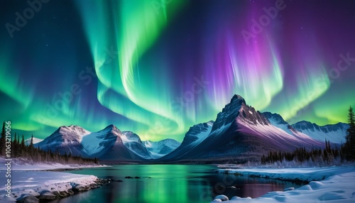 Wallpaper Mural Vibrant Northern Lights Over Snow-Capped Mountains And Lake Reflection Under A Clear Starry Sky In A Stunning Arctic Landscape Torontodigital.ca