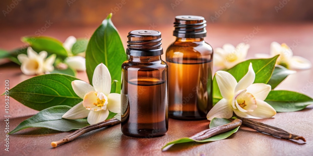 Vanilla Essence in Brown Bottles with White Flowers, Vanilla, Essential Oil, Fragrance Vanilla Essence in Brown Bottles with White Flowers, Vanilla, Essential Oil, Fragrance
